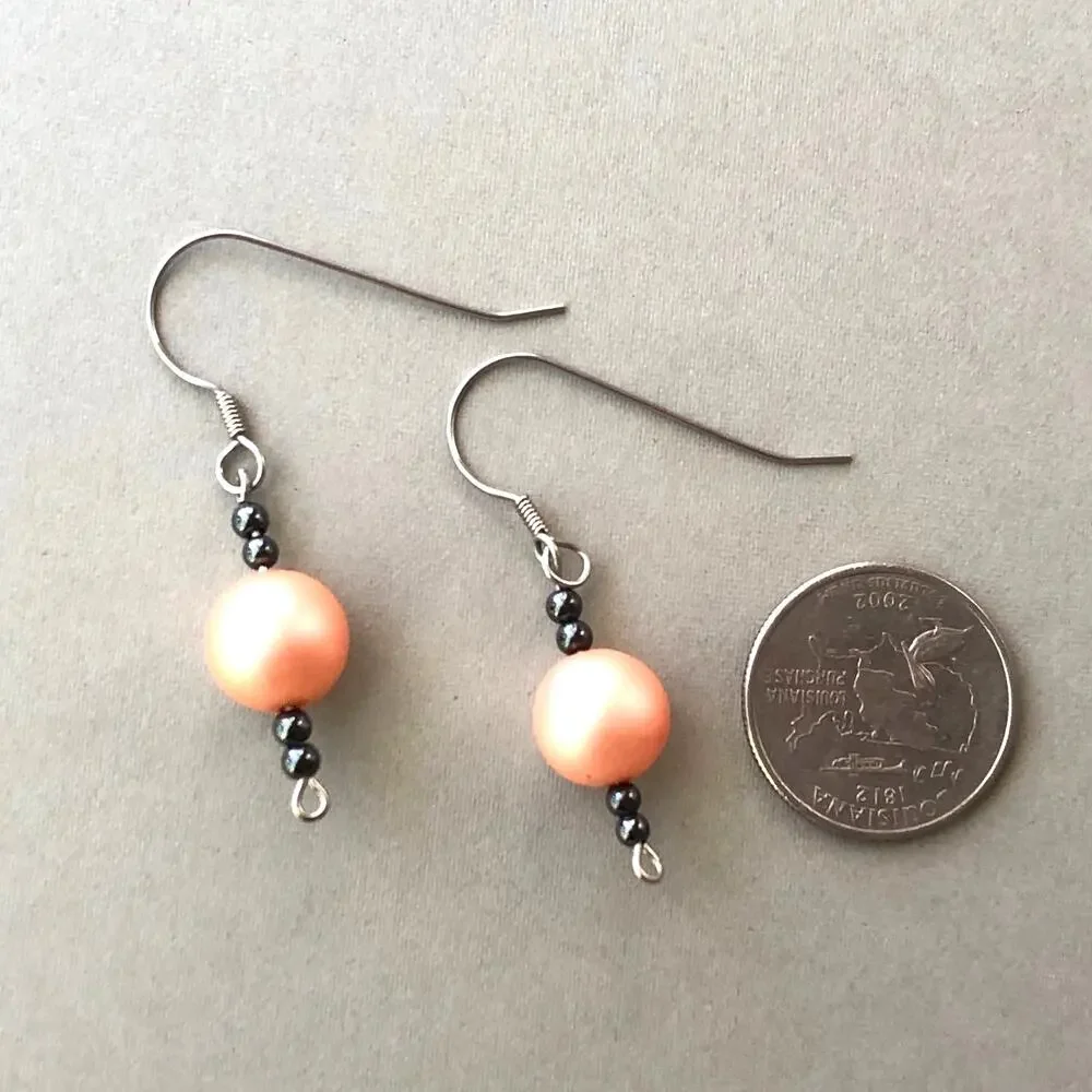Peach and Gray Dangle Statement Earrings Hook Upcycled Faux Pearls Handmade Gift